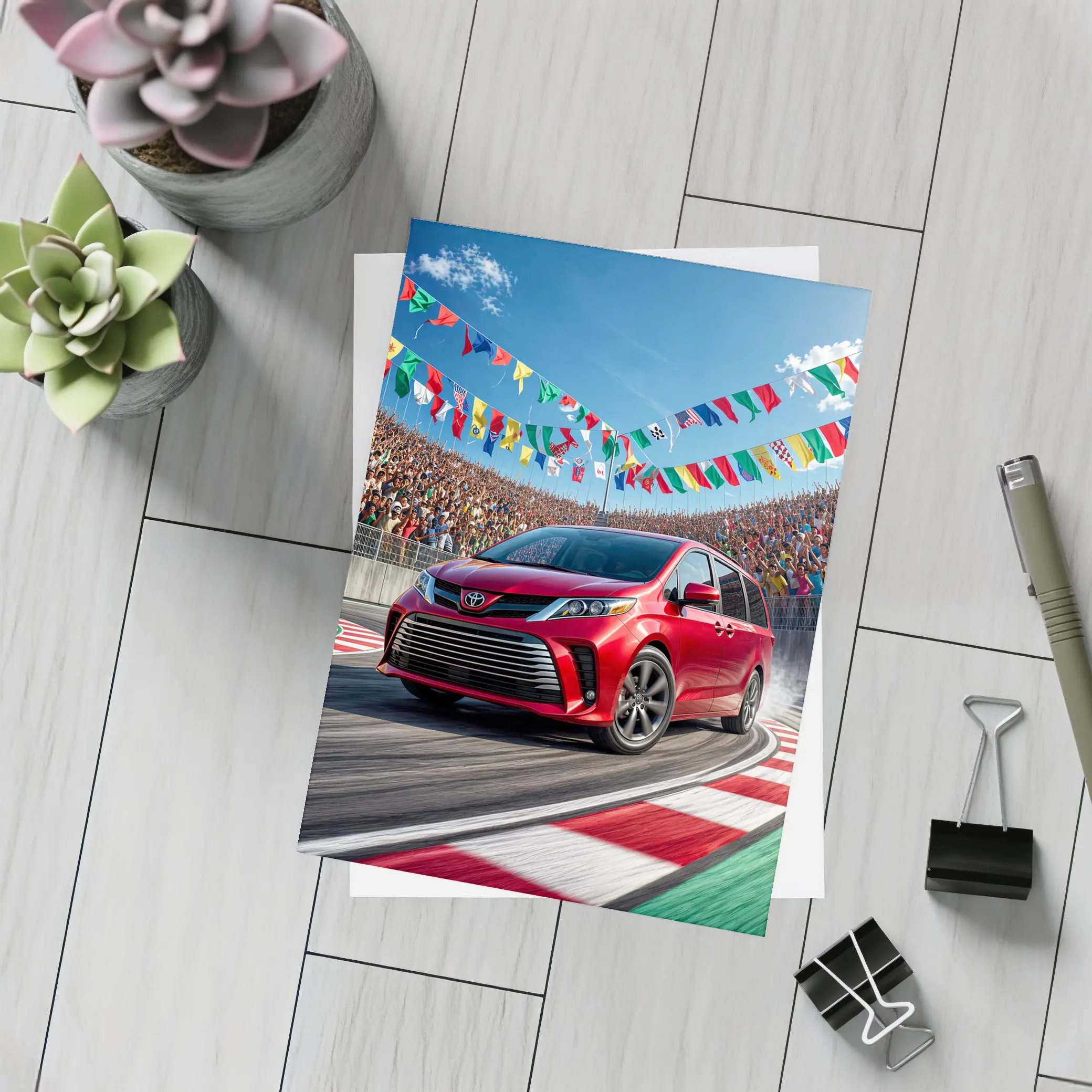 Toyota Sienna Red Minivan On Race Track – Postcards