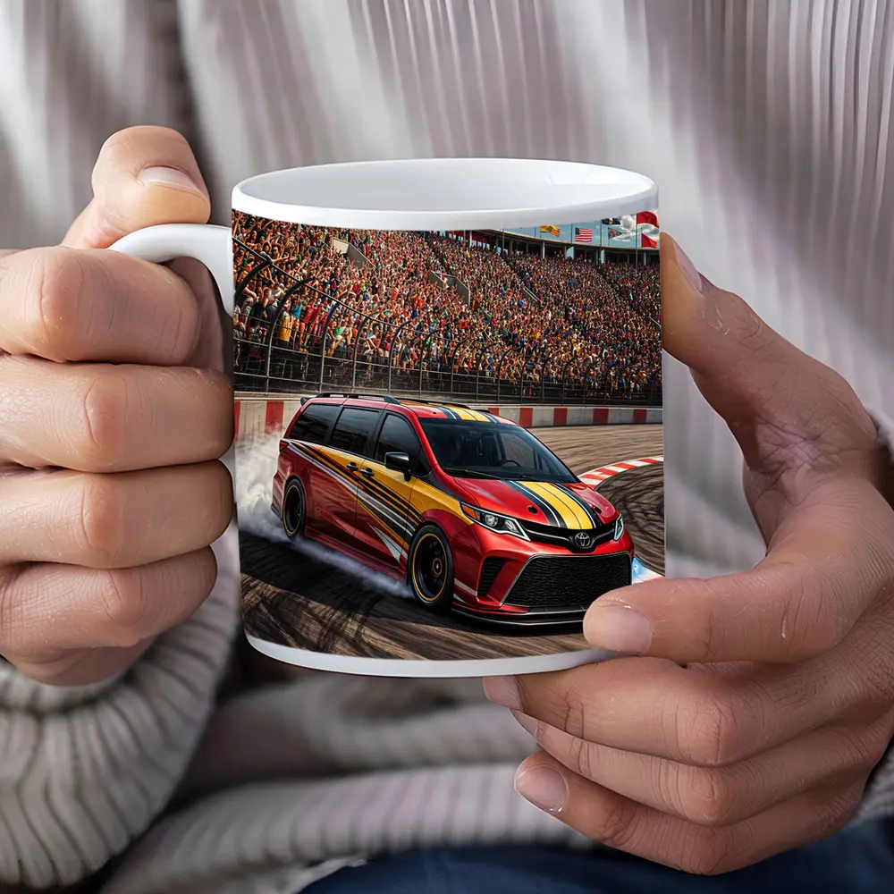 Toyota Sienna Racing on Packed Stadium Track – Mugs