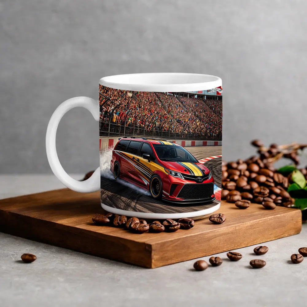 Toyota Sienna Racing on Packed Stadium Track – Mugs