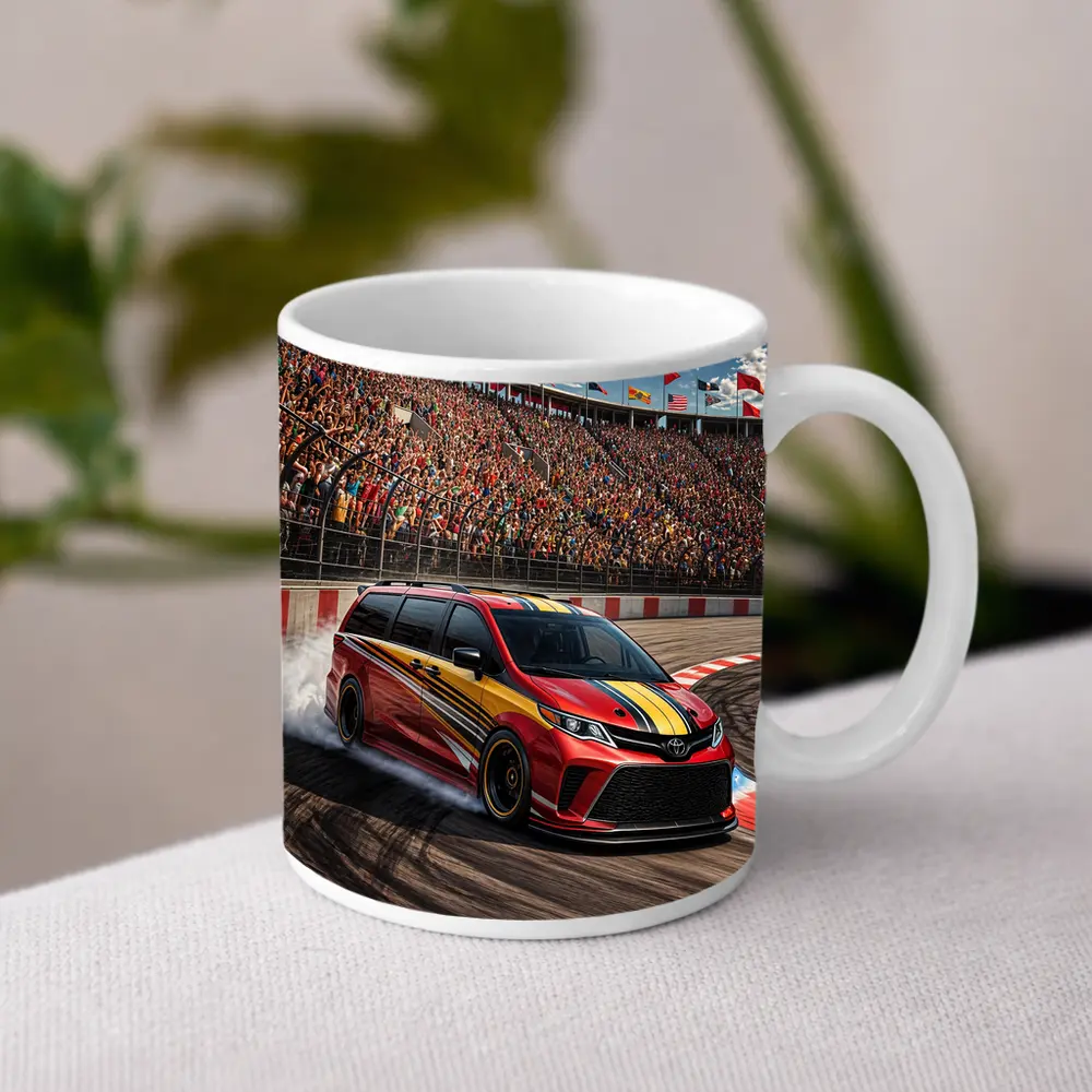 Toyota Sienna Racing on Packed Stadium Track – Mugs