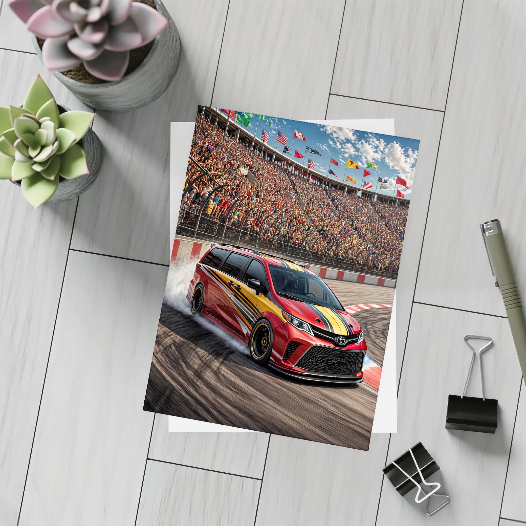Toyota Sienna Racing on Packed Stadium Track – Postcards