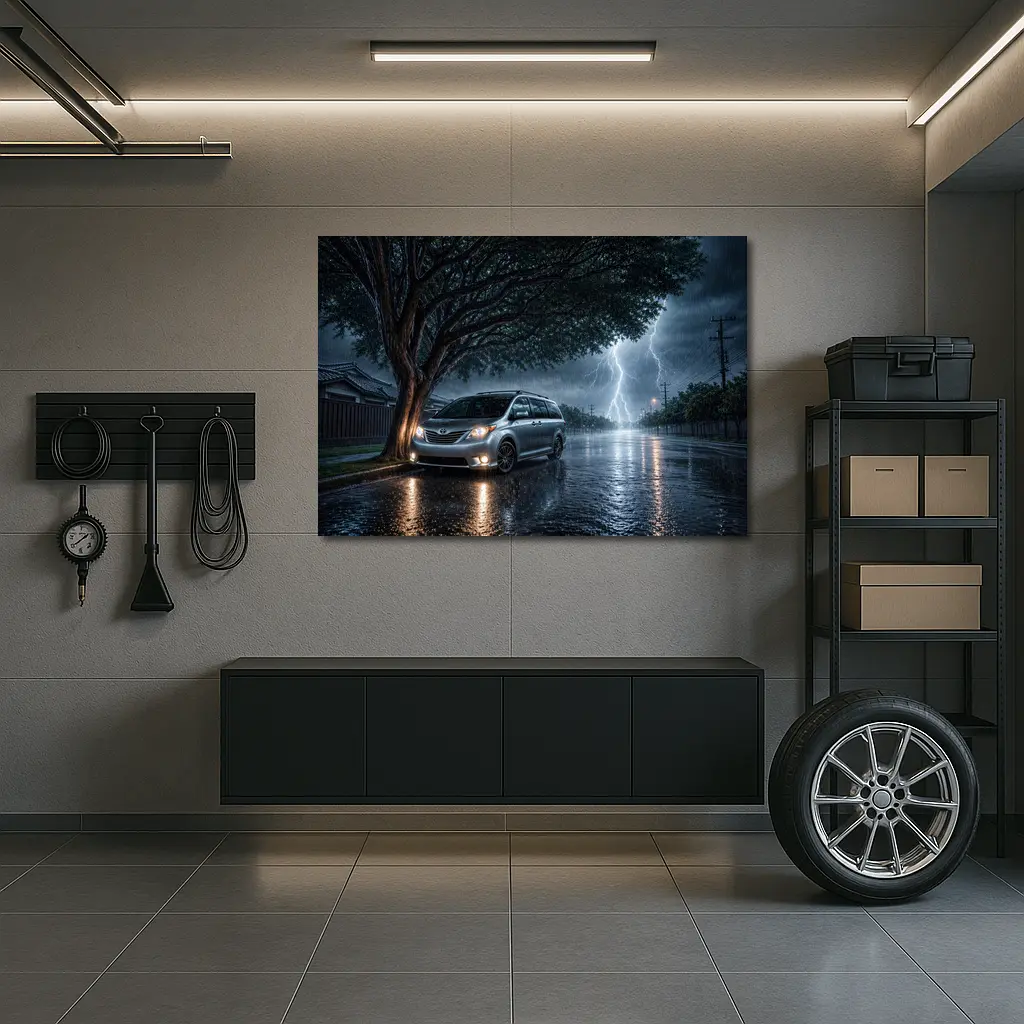 Toyota Sienna Parked In Heavy Thunderstorm – Wall Art
