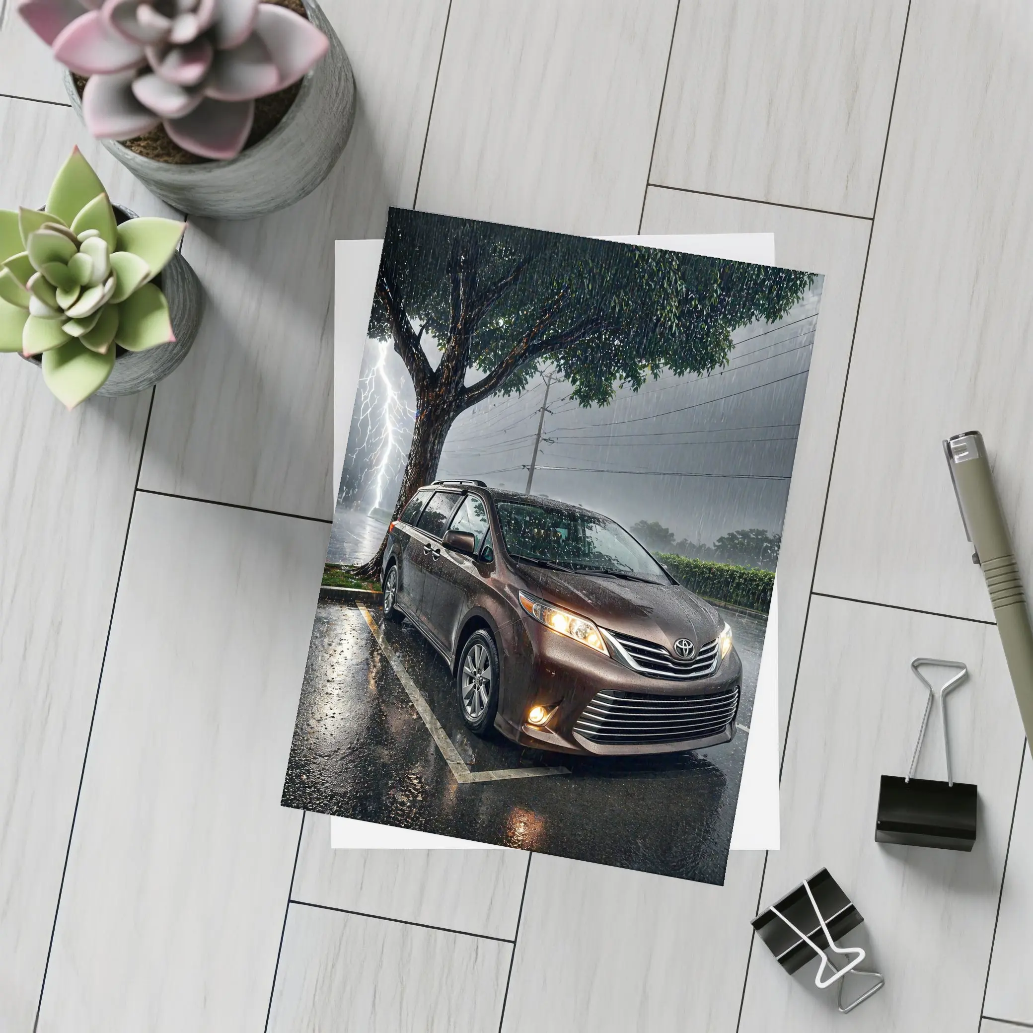 Toyota Sienna Minivan Parked in Heavy Thunderstorm – Postcards
