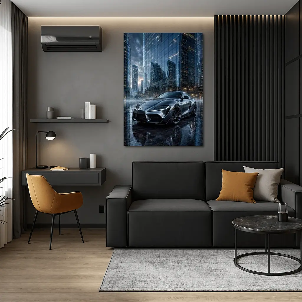 Toyota Supra Silver City Buildings Rainy Night – Wall Art