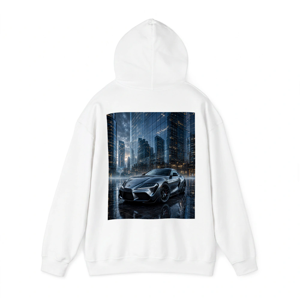 Toyota Supra Silver City Buildings Rainy Night – Hoodies