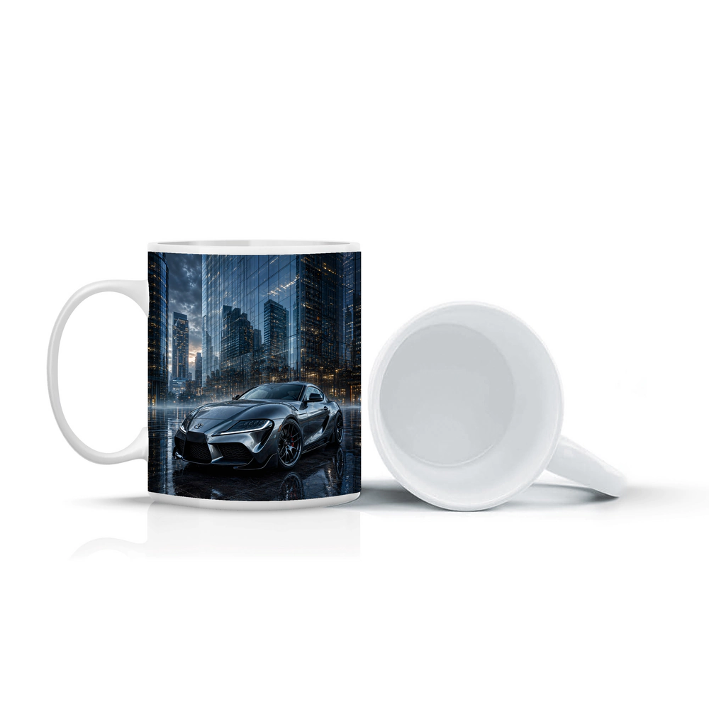 Toyota Supra Silver City Buildings Rainy Night – Mugs