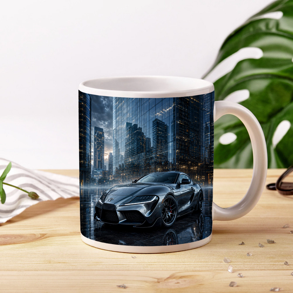 Toyota Supra Silver City Buildings Rainy Night – Mugs