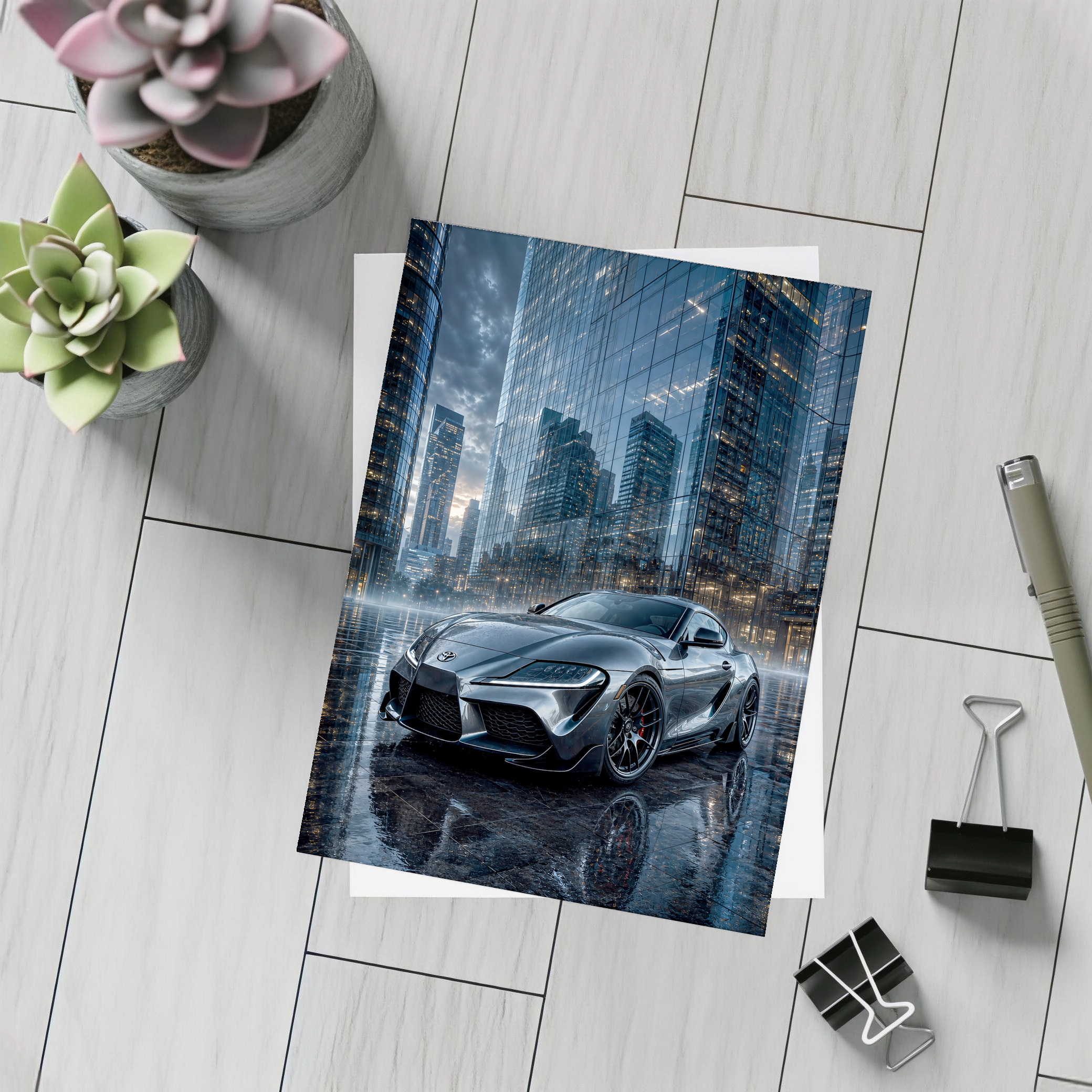 Toyota Supra Silver City Buildings Rainy Night – Postcards