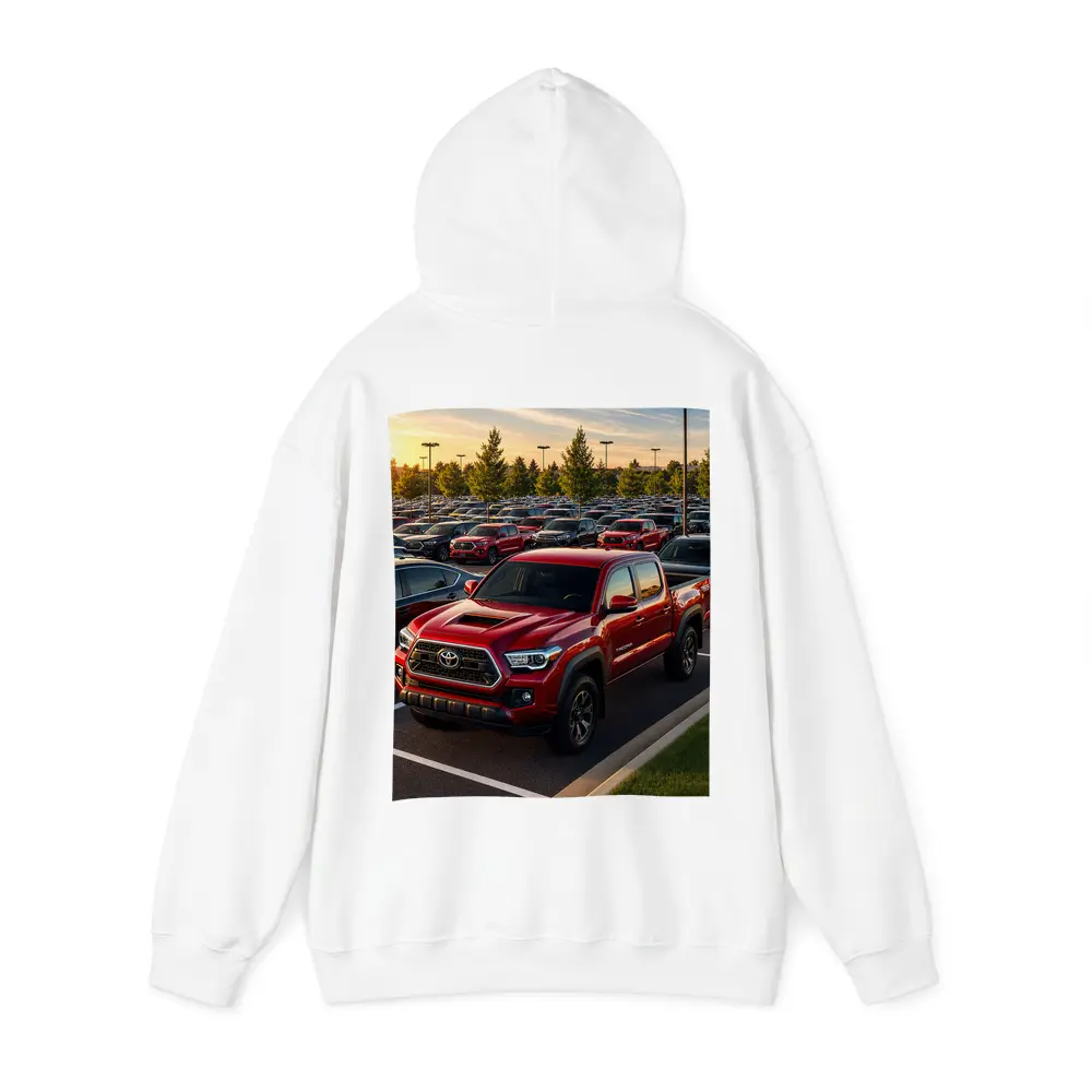 Toyota Tacoma Red Truck Dealership Lot Sunset – Hoodies