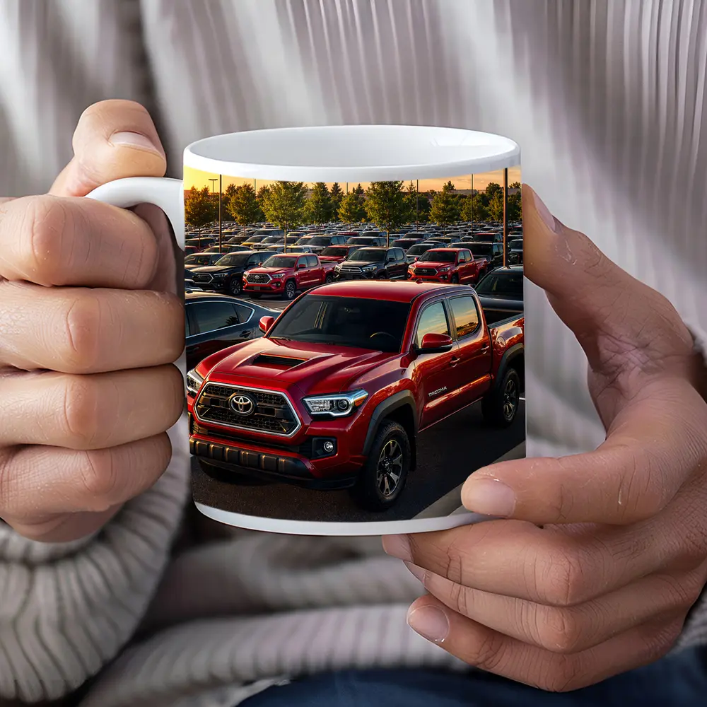 Toyota Tacoma Red Truck Dealership Lot Sunset – Mugs