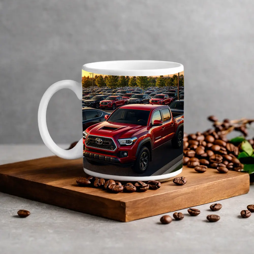 Toyota Tacoma Red Truck Dealership Lot Sunset – Mugs