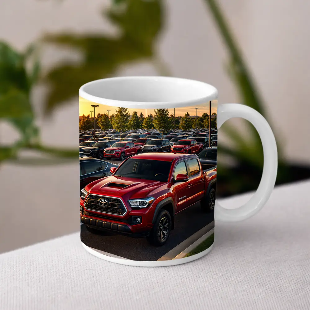 Toyota Tacoma Red Truck Dealership Lot Sunset – Mugs