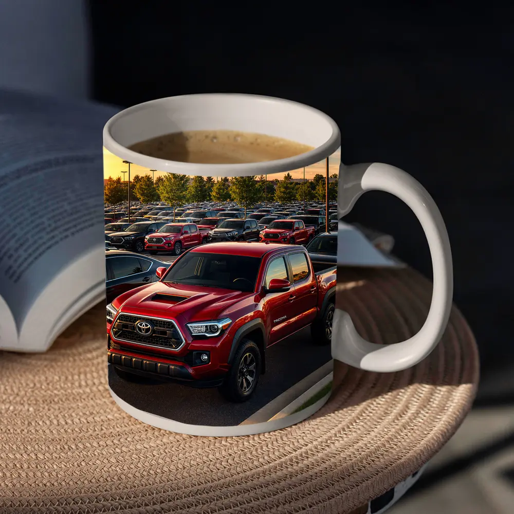 Toyota Tacoma Red Truck Dealership Lot Sunset – Mugs
