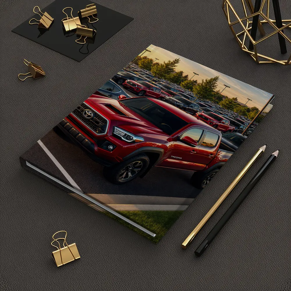 Toyota Tacoma Red Truck Dealership Lot Sunset – Notebooks