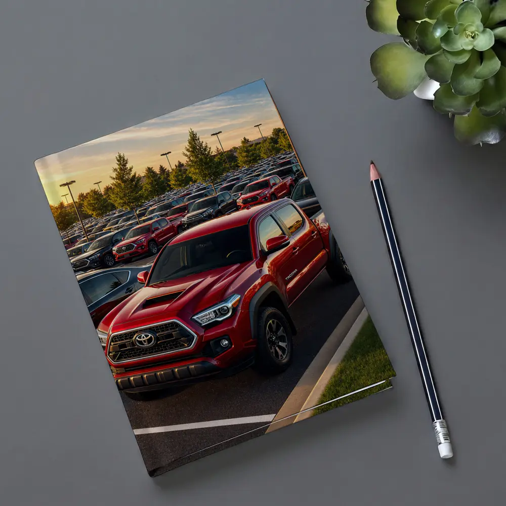 Toyota Tacoma Red Truck Dealership Lot Sunset – Notebooks