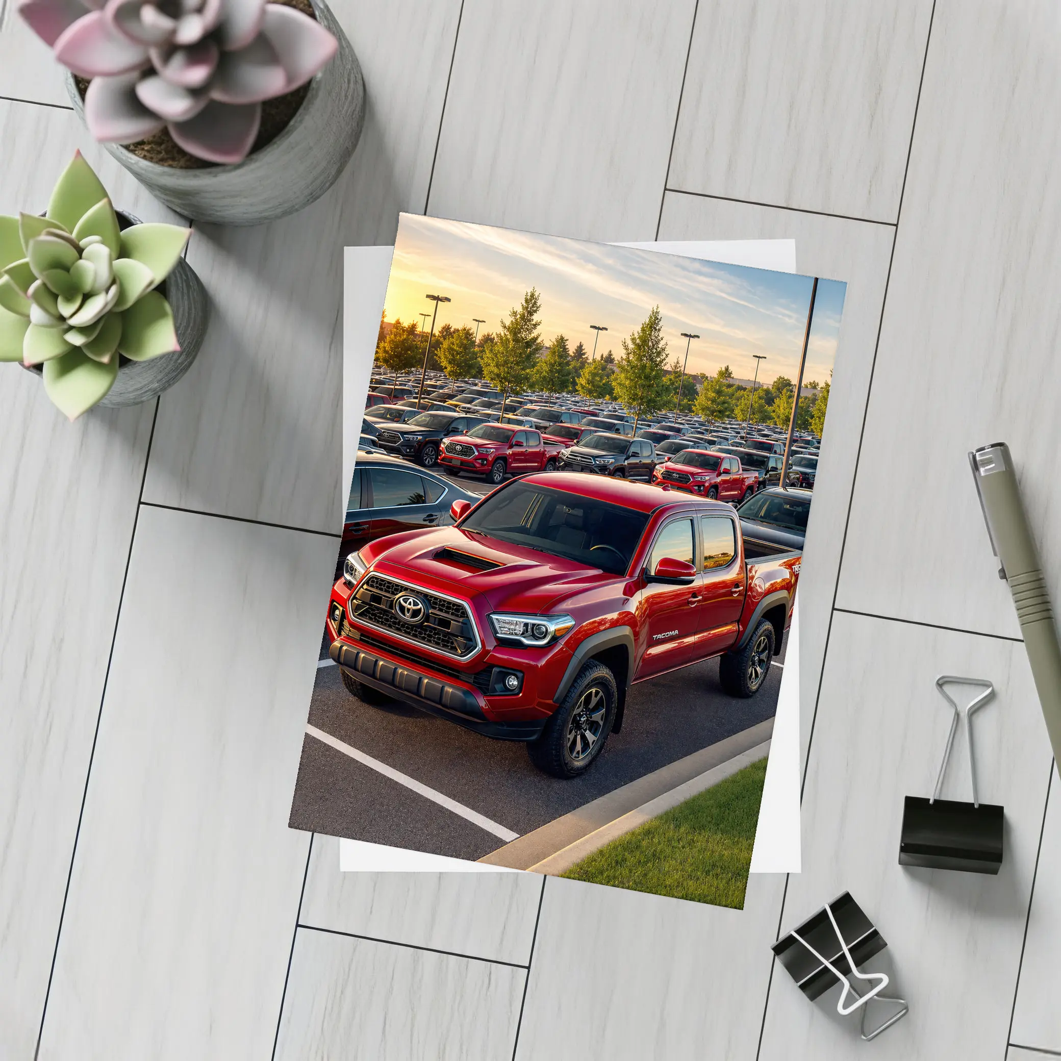 Toyota Tacoma Red Truck Dealership Lot Sunset – Postcards