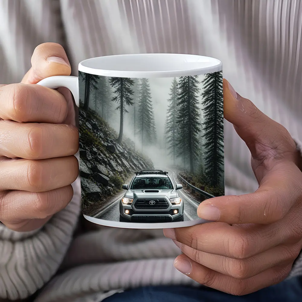 Toyota Tacoma Truck Rainy Foggy Forest Road – Mugs