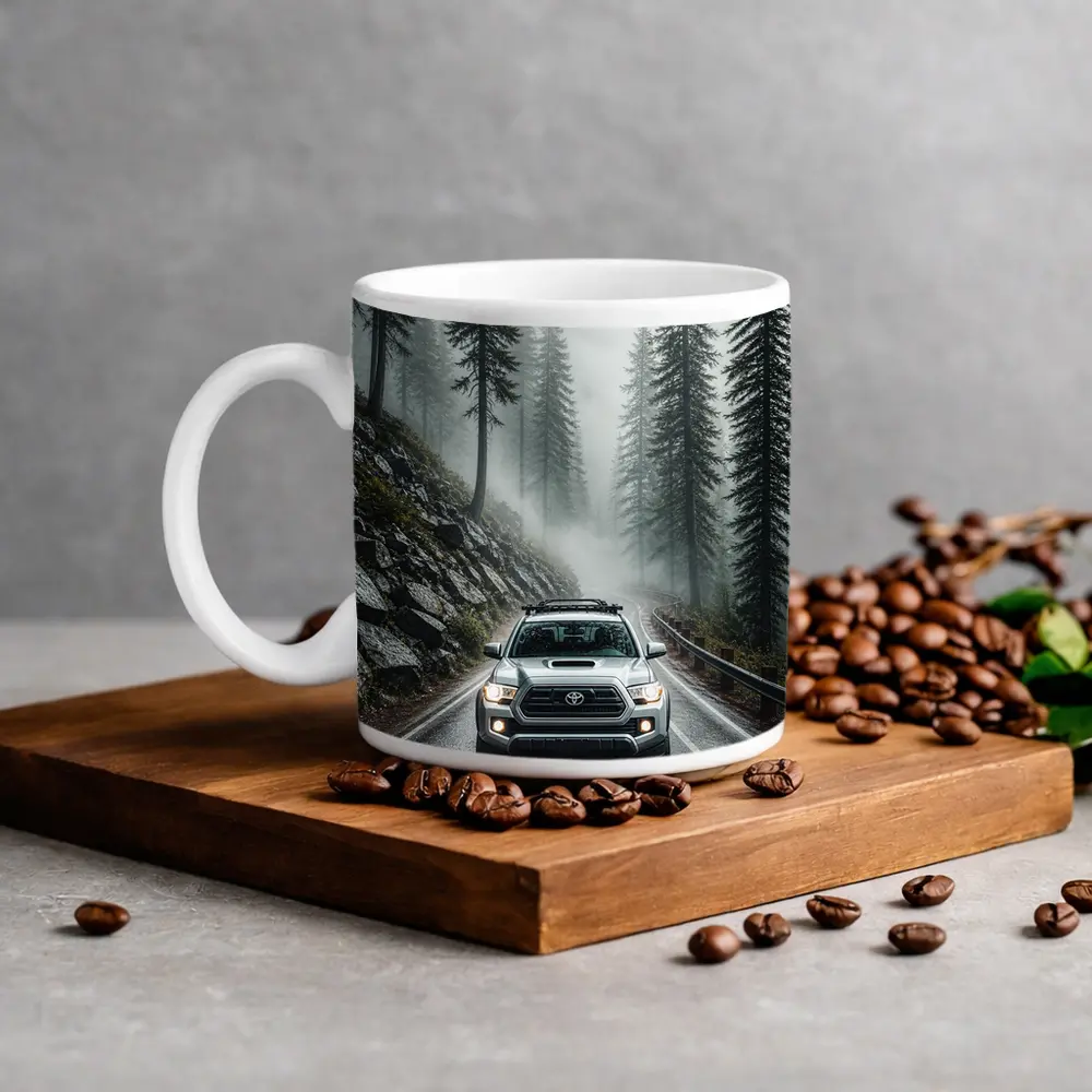 Toyota Tacoma Truck Rainy Foggy Forest Road – Mugs