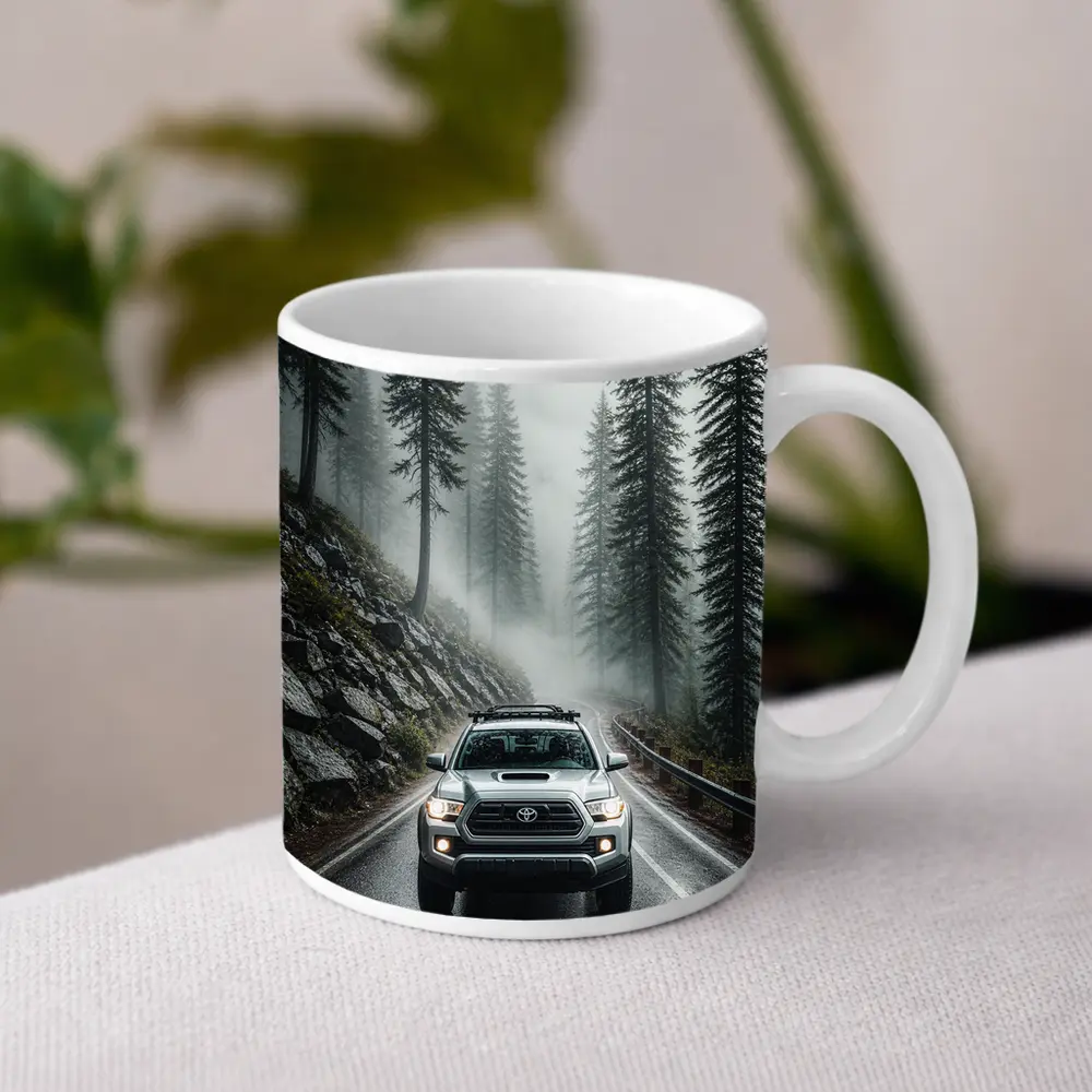 Toyota Tacoma Truck Rainy Foggy Forest Road – Mugs