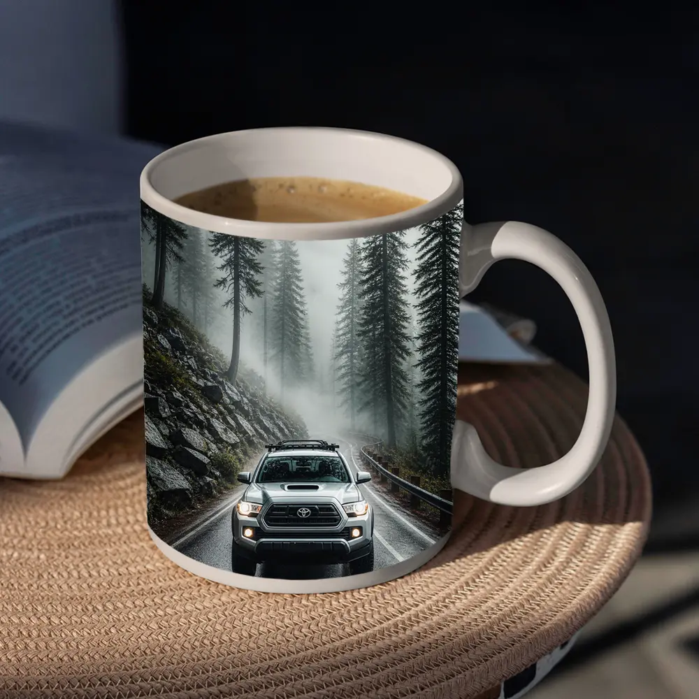 Toyota Tacoma Truck Rainy Foggy Forest Road – Mugs
