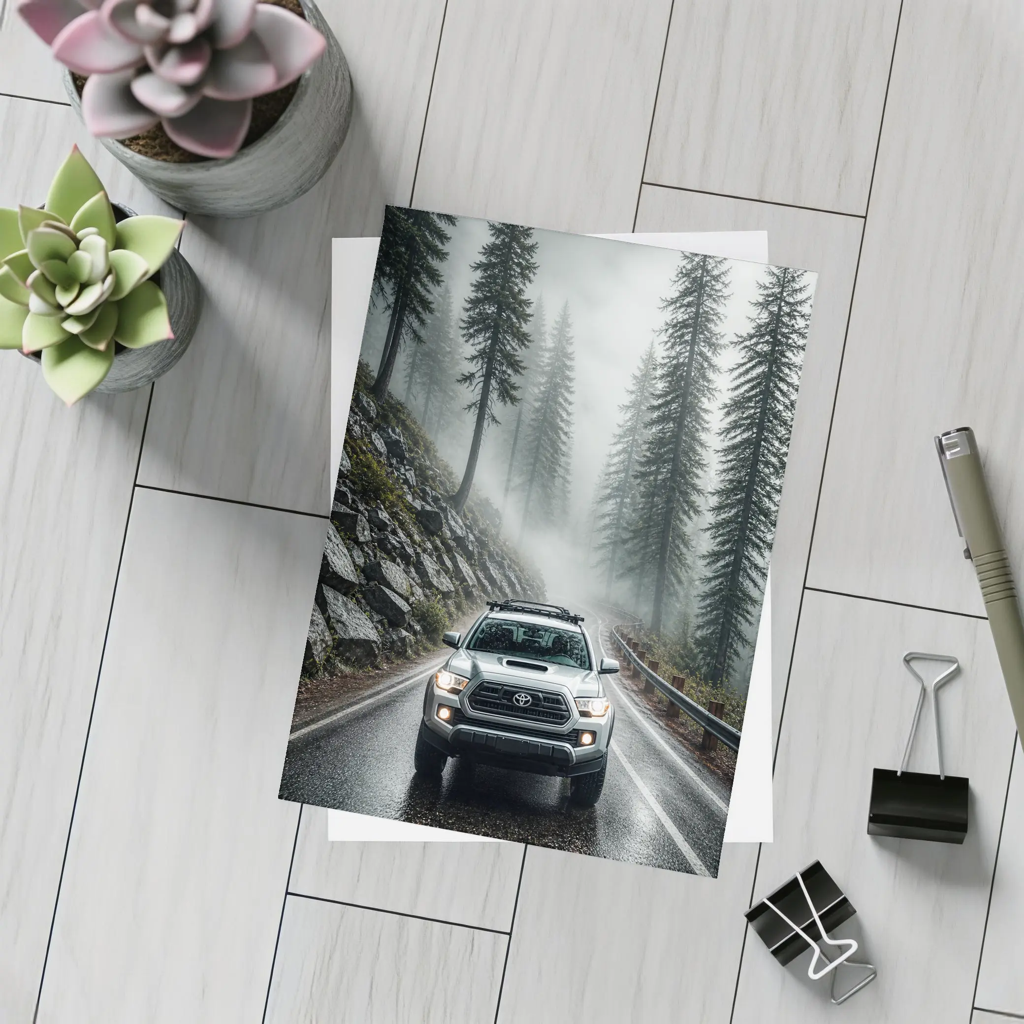 Toyota Tacoma Truck Rainy Foggy Forest Road – Postcards