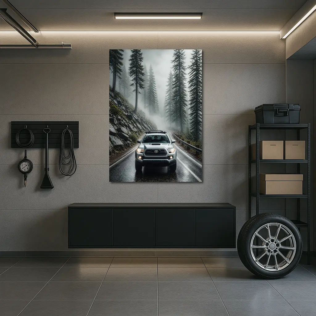 Toyota Tacoma Truck Rainy Foggy Forest Road – Wall Art