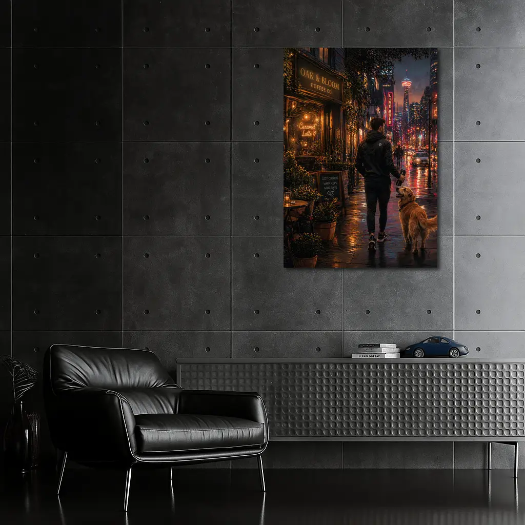 Man Walking Golden Retriever Rainy City Night – Wall Art