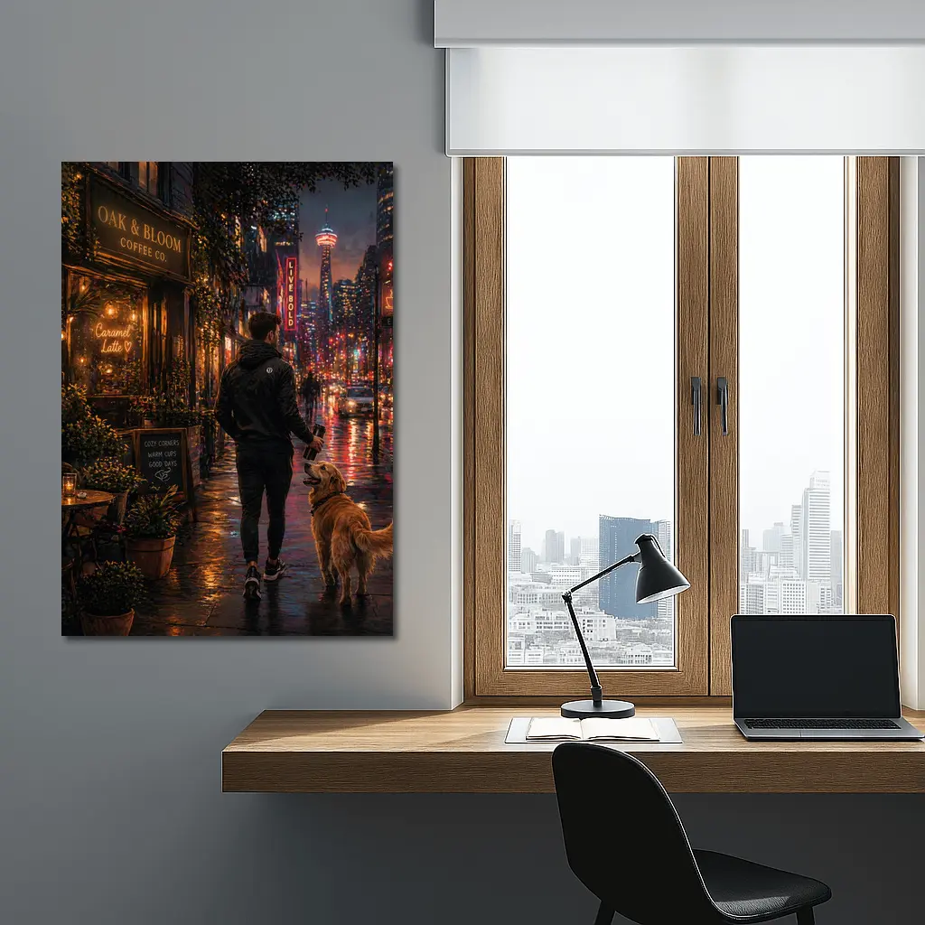 Man Walking Golden Retriever Rainy City Night – Wall Art