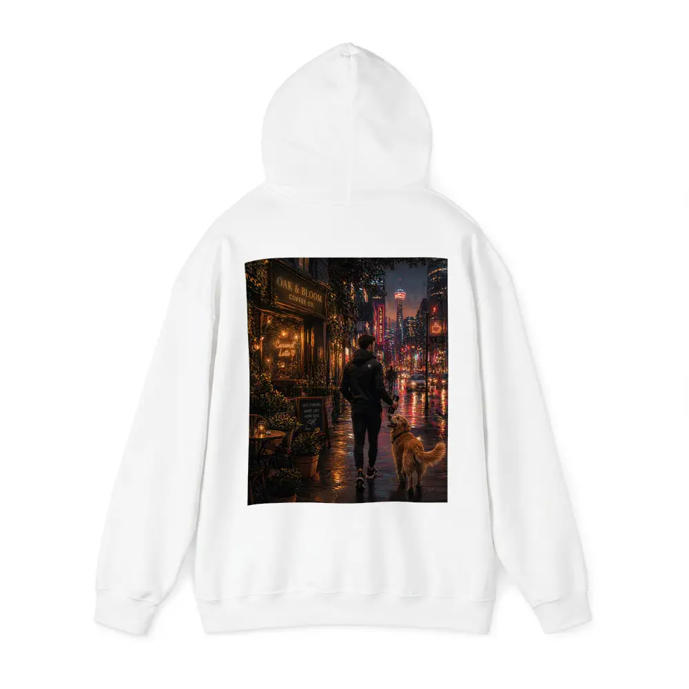 Man Walking Golden Retriever Rainy City Night – Hoodies