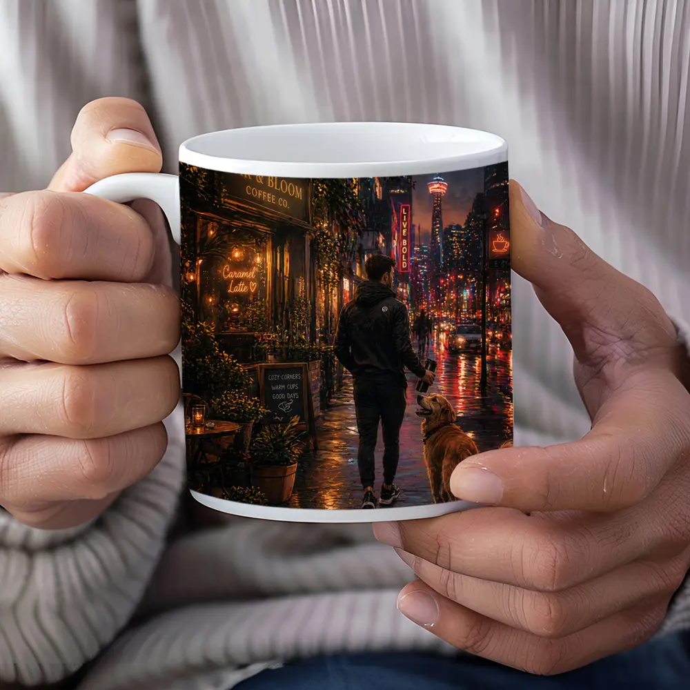 Man Walking Golden Retriever Rainy City Night – Mugs