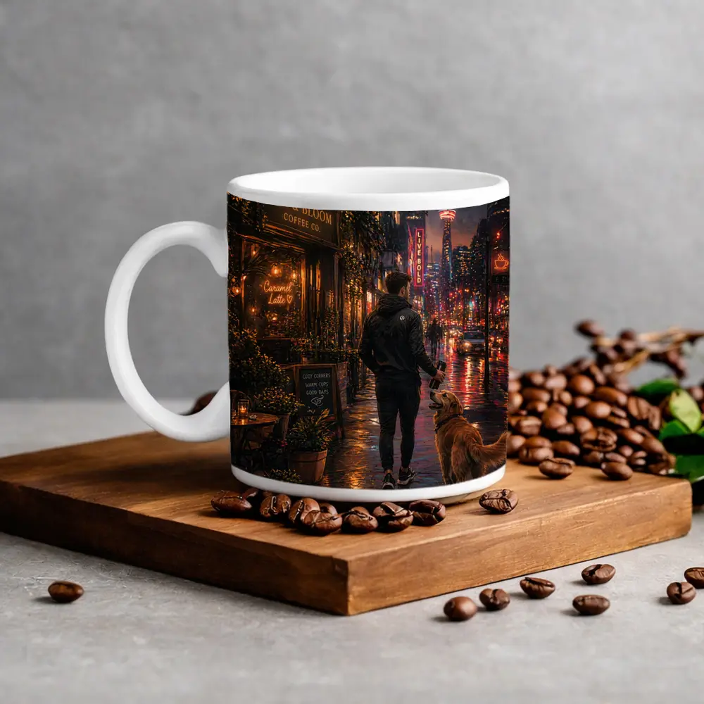 Man Walking Golden Retriever Rainy City Night – Mugs
