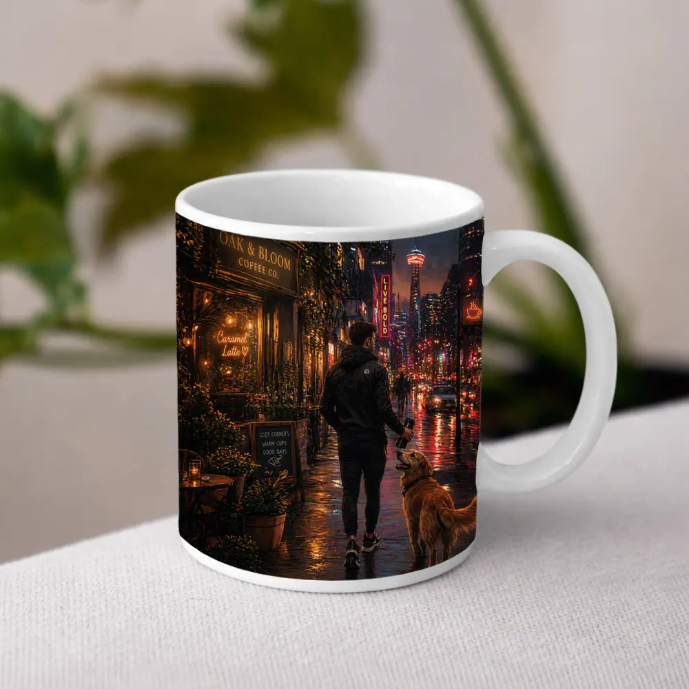 Man Walking Golden Retriever Rainy City Night – Mugs