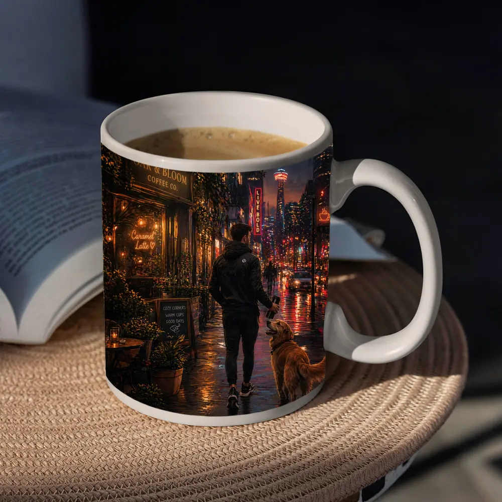 Man Walking Golden Retriever Rainy City Night – Mugs