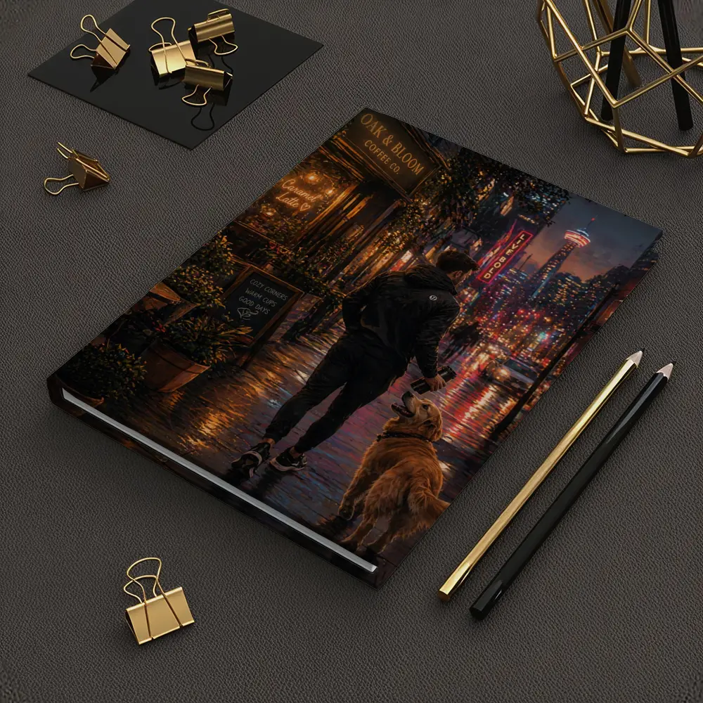 Man Walking Golden Retriever Rainy City Night – Notebooks