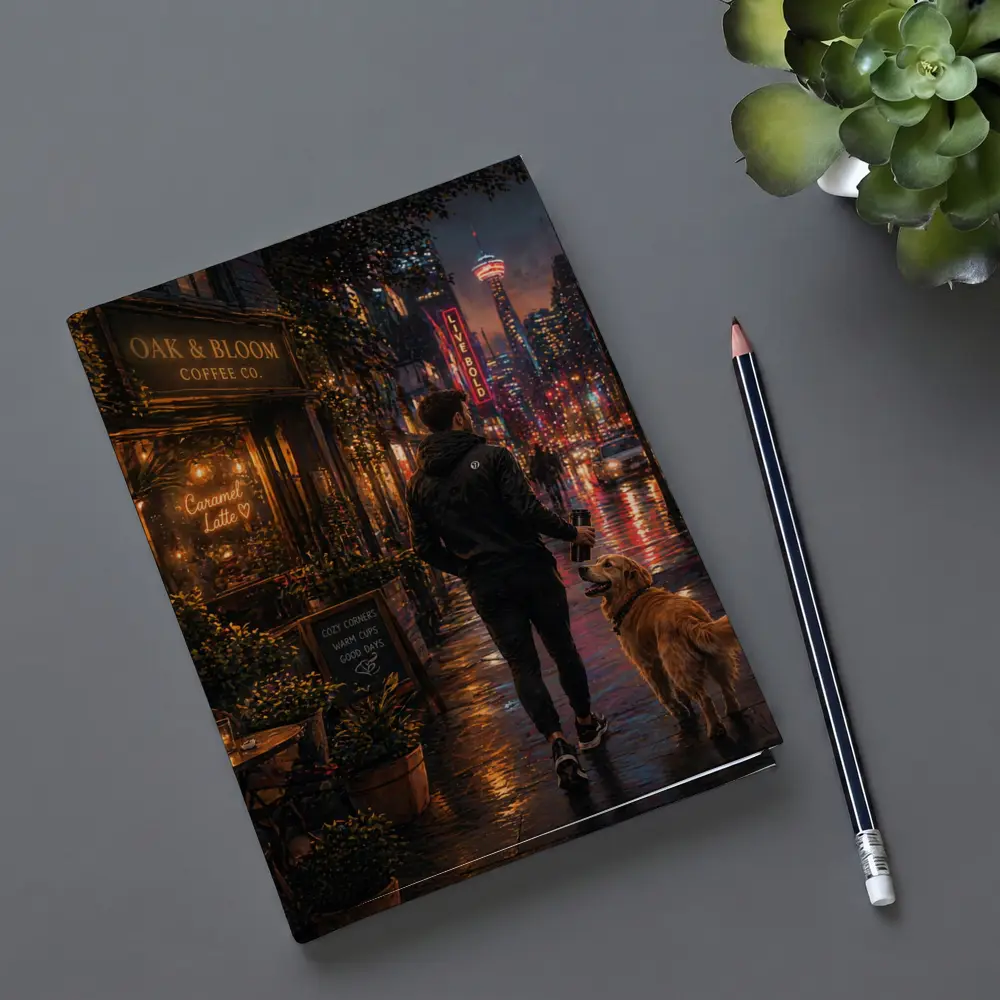 Man Walking Golden Retriever Rainy City Night – Notebooks