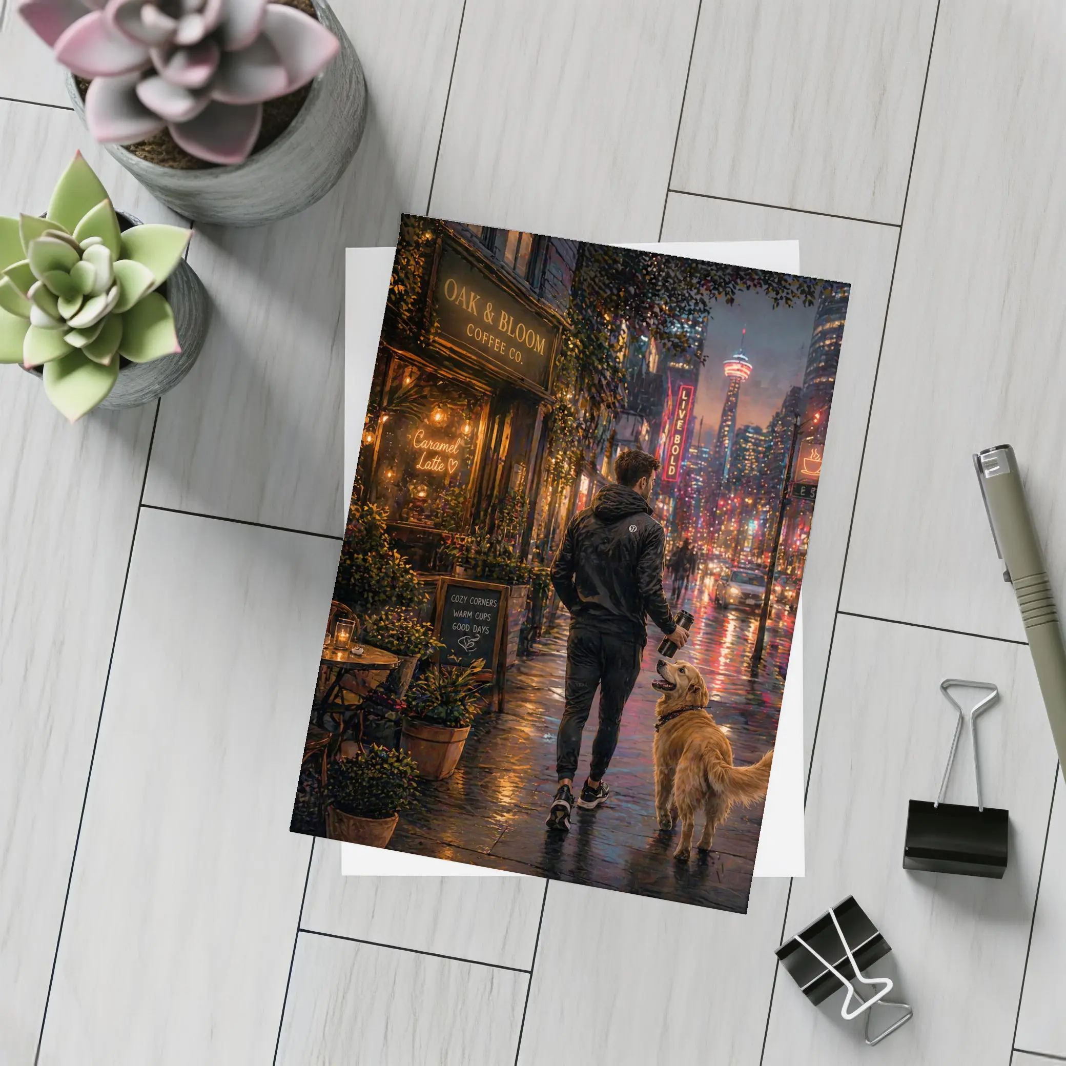 Man Walking Golden Retriever Rainy City Night – Postcards