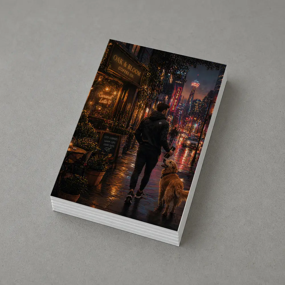 Man Walking Golden Retriever Rainy City Night – Postcards