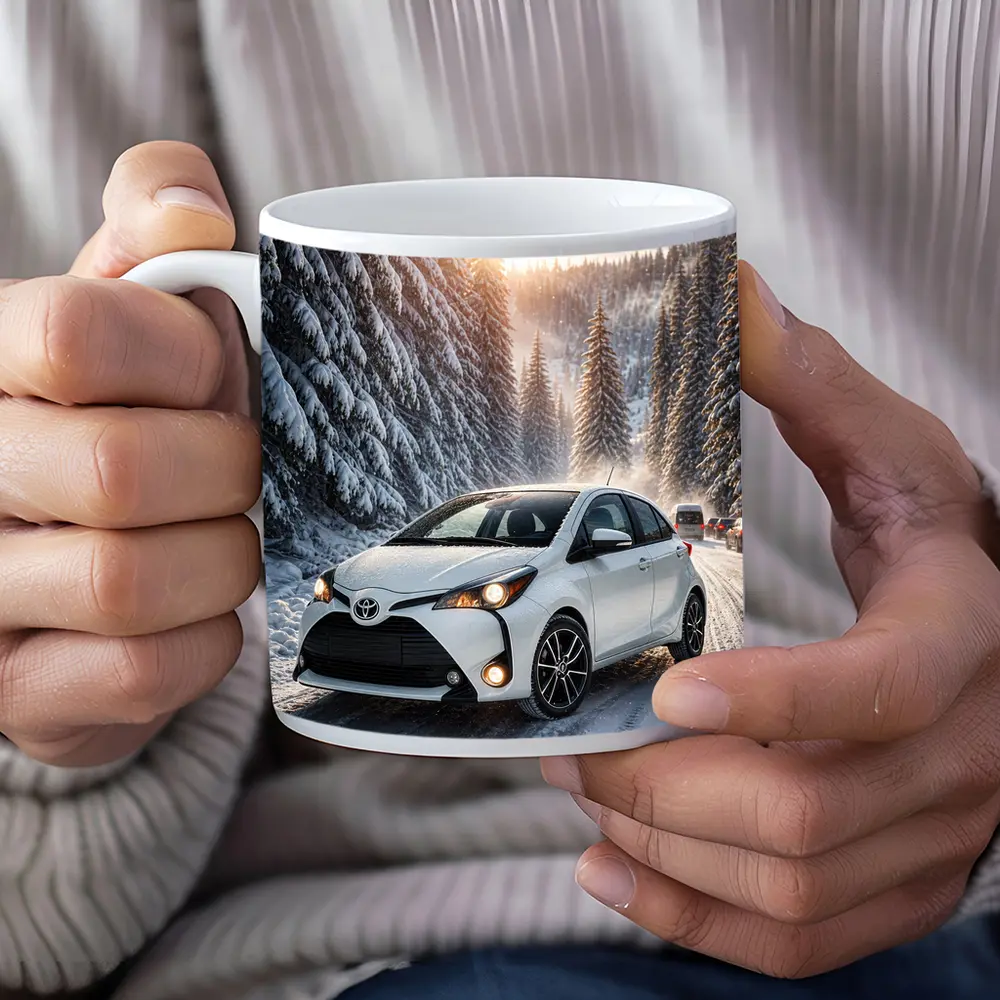 Toyota Yaris White Hatchback Snowy Forest Road – Mugs