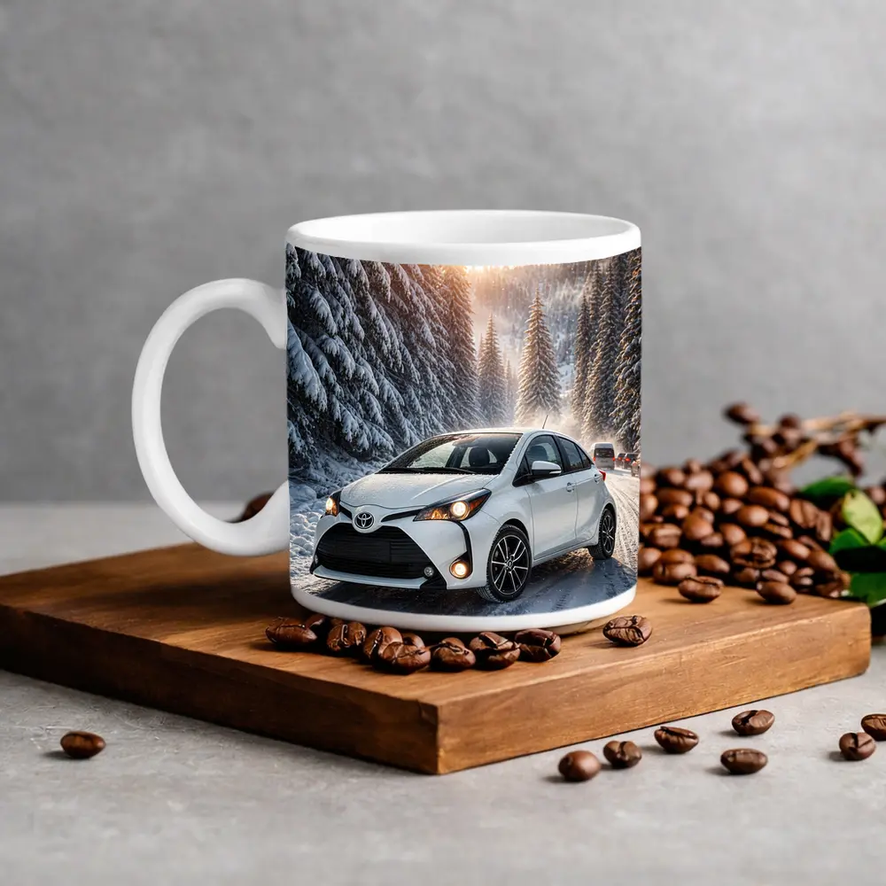 Toyota Yaris White Hatchback Snowy Forest Road – Mugs