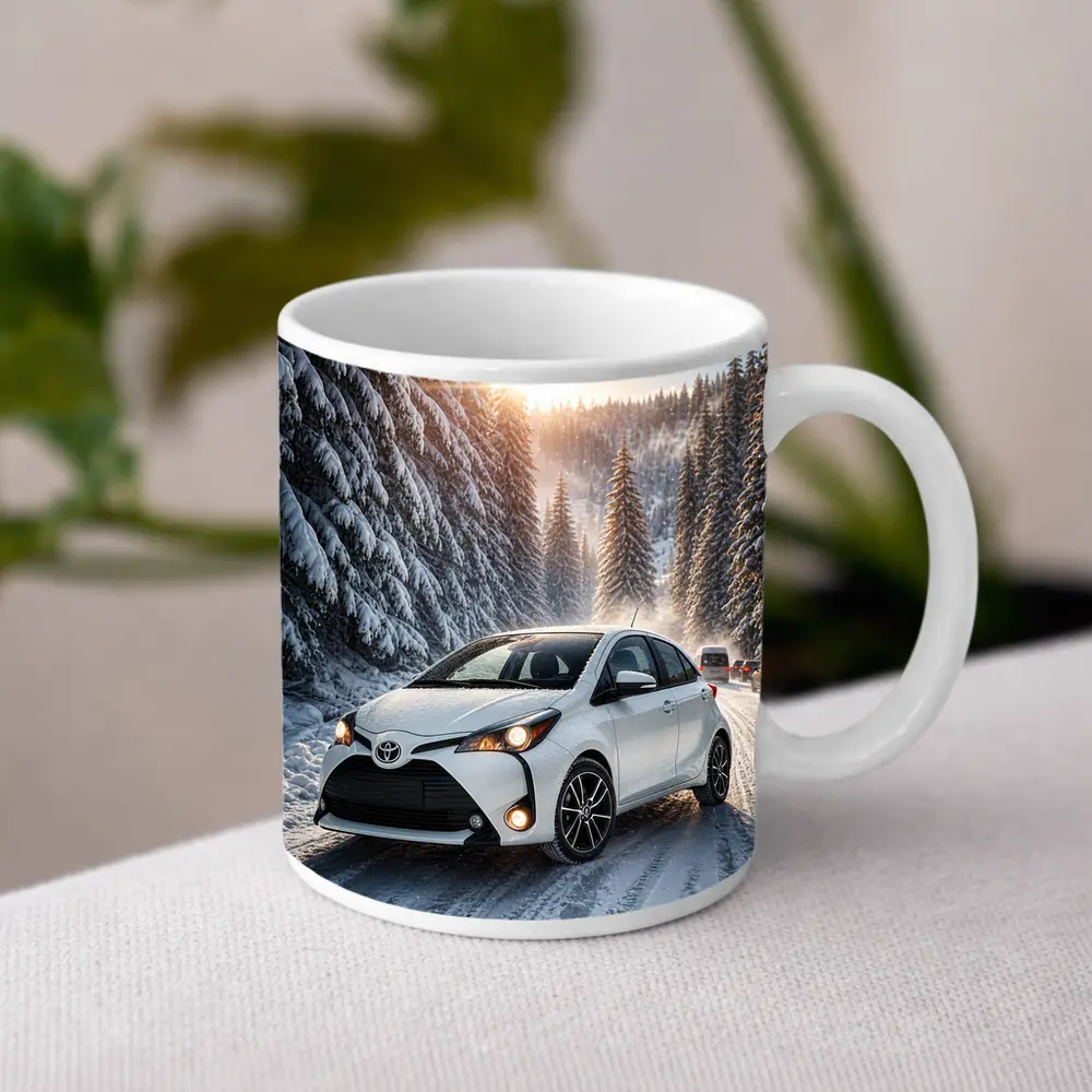 Toyota Yaris White Hatchback Snowy Forest Road – Mugs