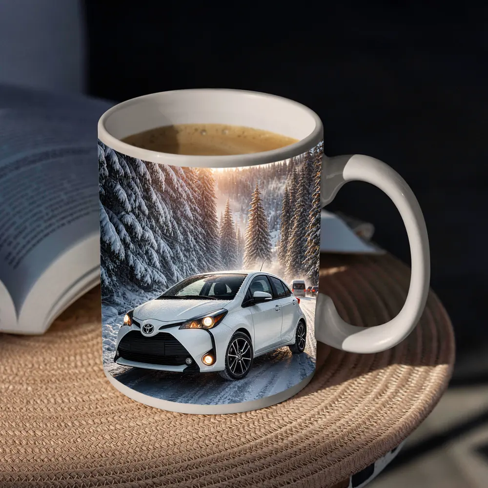 Toyota Yaris White Hatchback Snowy Forest Road – Mugs
