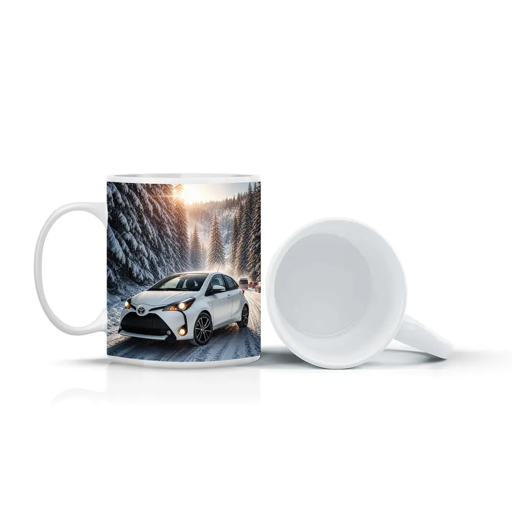 Toyota Yaris White Hatchback Snowy Forest Road – Mugs