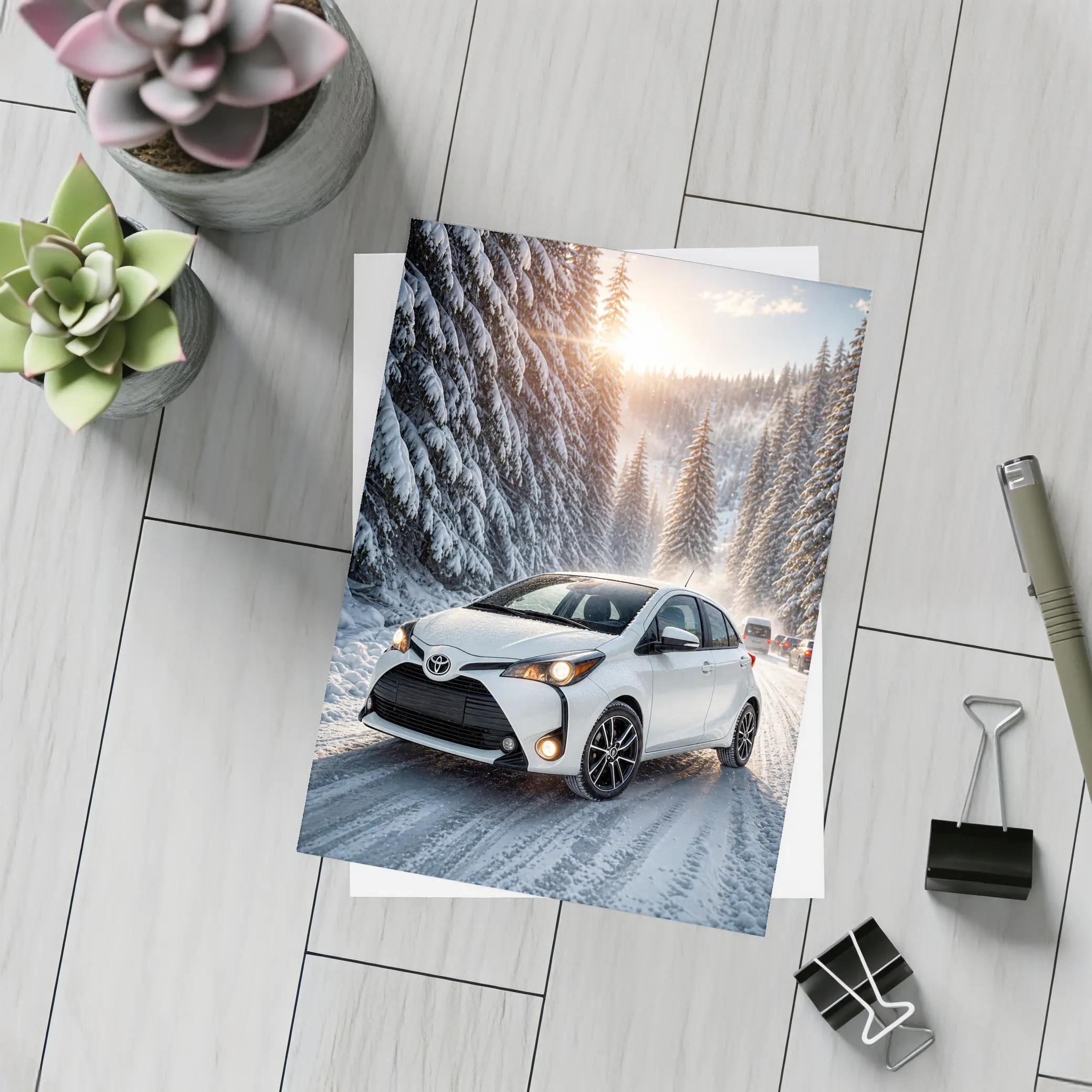 Toyota Yaris White Hatchback Snowy Forest Road – Postcards