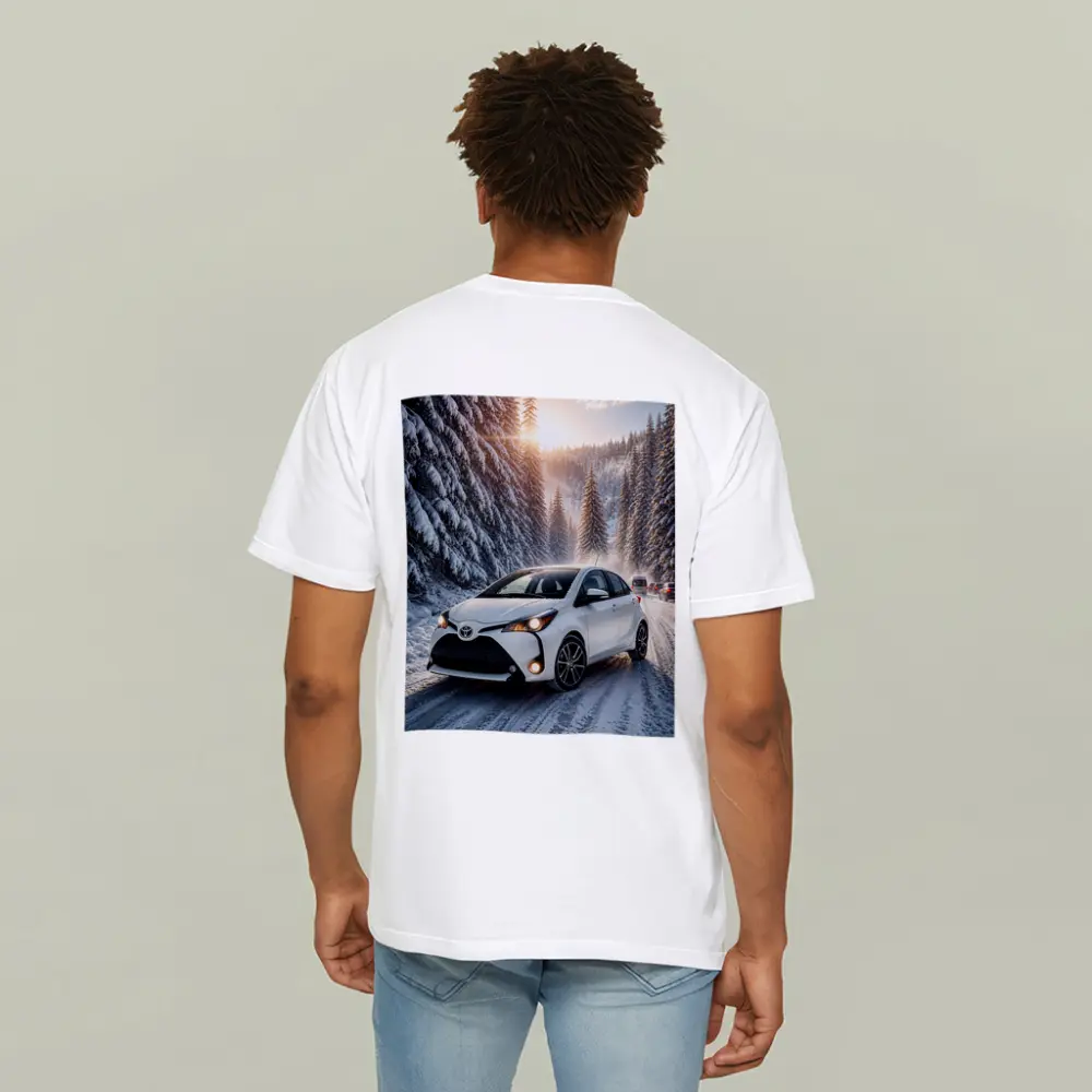 Toyota Yaris White Hatchback Snowy Forest Road – T-Shirts