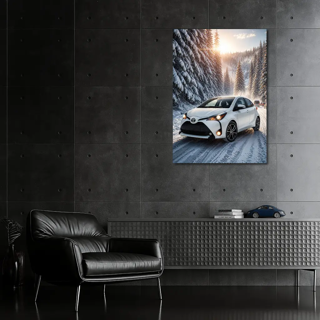Toyota Yaris White Hatchback Snowy Forest Road – Wall Art