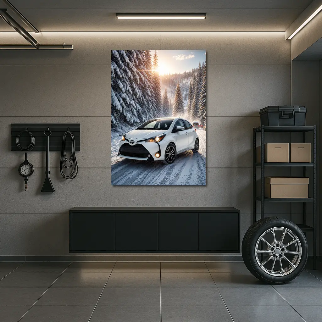Toyota Yaris White Hatchback Snowy Forest Road – Wall Art