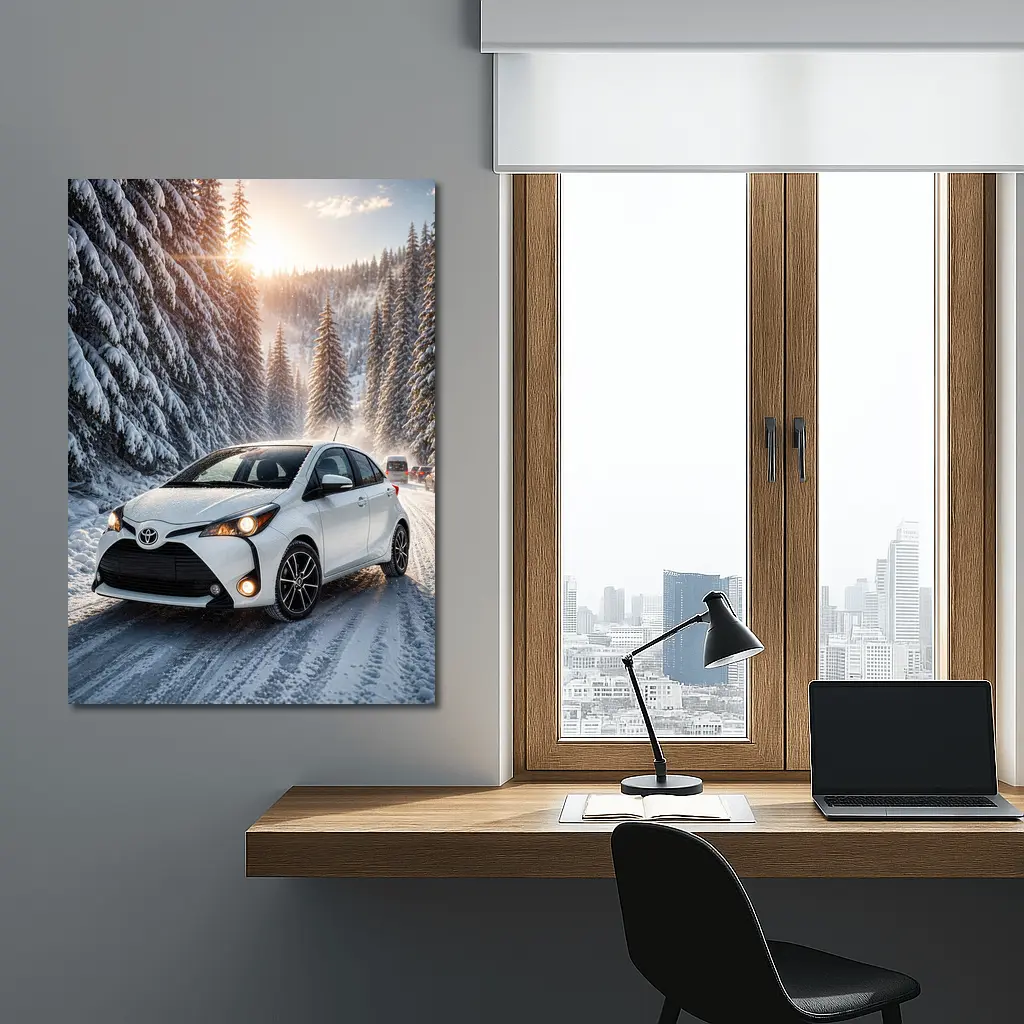 Toyota Yaris White Hatchback Snowy Forest Road – Wall Art