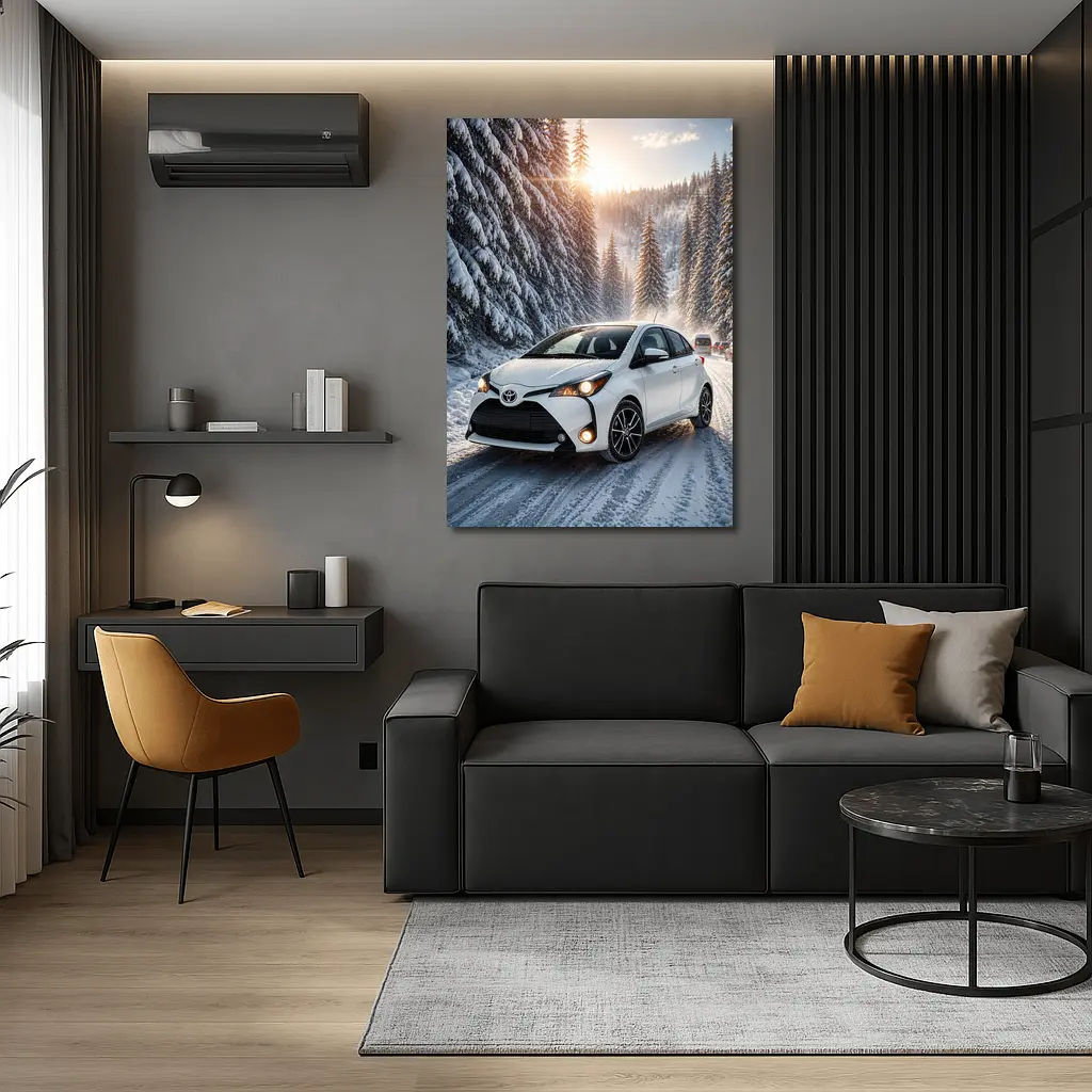Toyota Yaris White Hatchback Snowy Forest Road – Wall Art