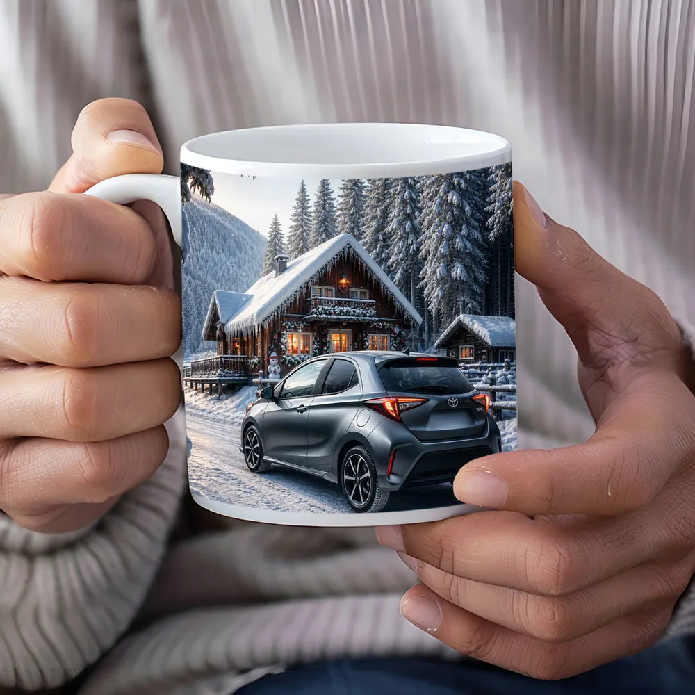 Toyota Yaris Gray Hatchback Snowy Forest Cabin – Mugs