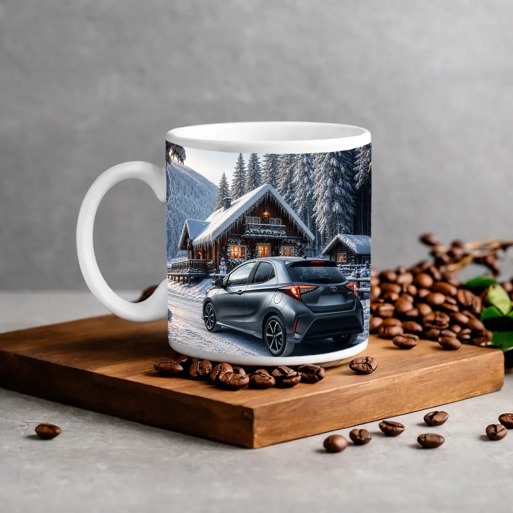 Toyota Yaris Gray Hatchback Snowy Forest Cabin – Mugs